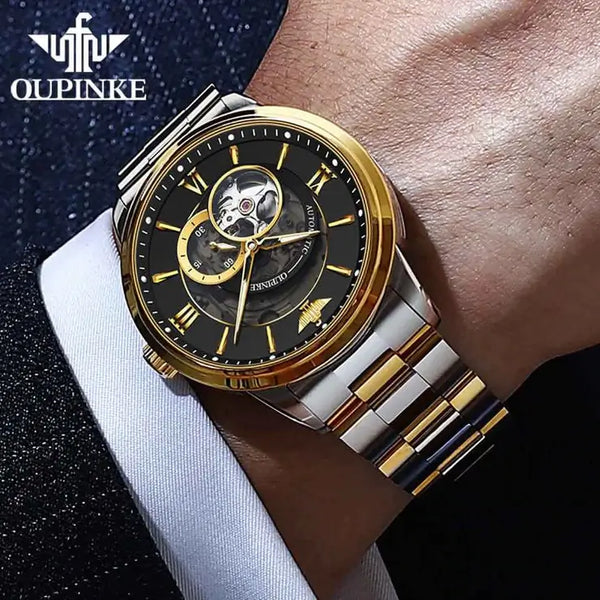 OUPINKE 3190 Men's Luxury Automatic Mechanical Skeleton Watch - Model Picture Two Tone Black