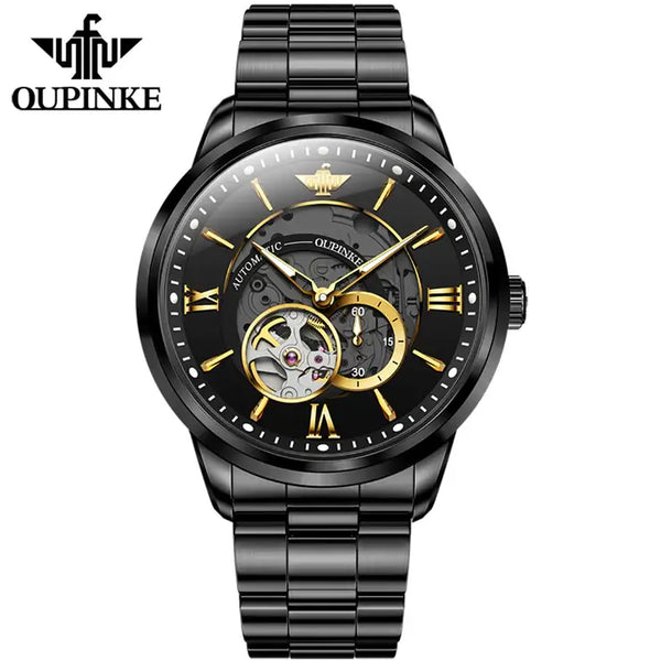 OUPINKE 3190 Men's Luxury Automatic Mechanical Skeleton Watch - Full Black