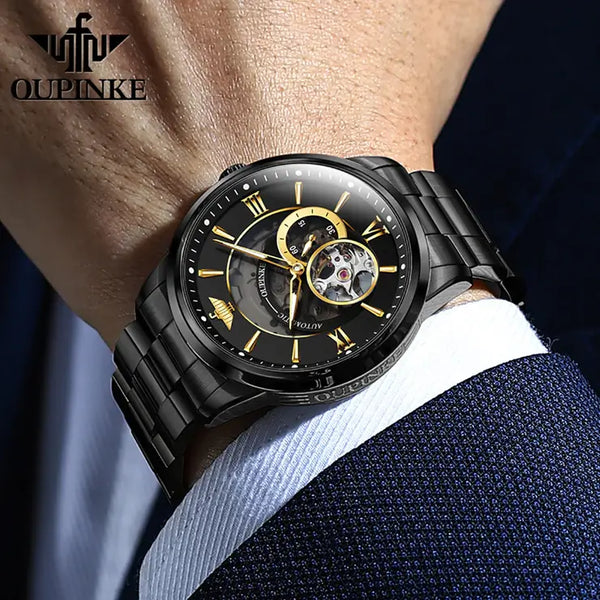 OUPINKE 3190 Men's Luxury Automatic Mechanical Skeleton Watch - Model Picture Full Black