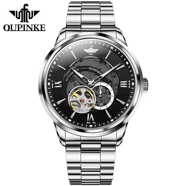 OUPINKE 3190 Men's Luxury Automatic Mechanical Skeleton Watch - Silver Black Face