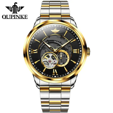 OUPINKE 3190 Men's Luxury Automatic Mechanical Skeleton Watch - Two Tone Black Face