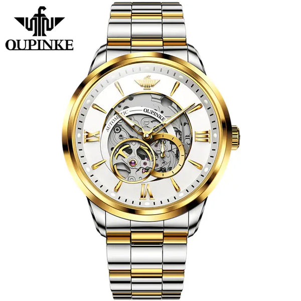 OUPINKE 3190 Men's Luxury Automatic Mechanical Skeleton Watch - Two Tone White Face