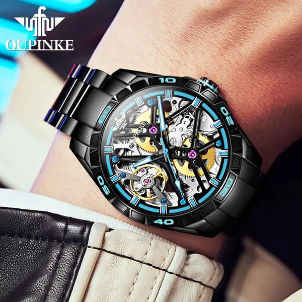 OUPINKE 3196 Men's Luxury Automatic Skeleton Design Luminous Wristwatch