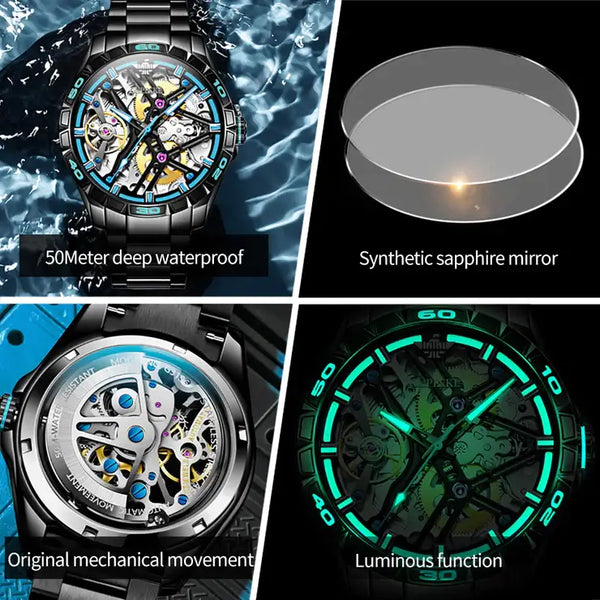 OUPINKE 3196 Men's Luxury Automatic Skeleton Design Luminous Wristwatch
