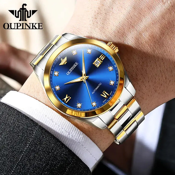 OUPINKE 3199 Men's Luxury Automatic Mechanical Swiss Movement Luminous Watch - Model Picture Blue
