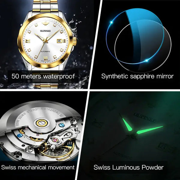 OUPINKE 3199 Men's Luxury Automatic Mechanical Swiss Movement Luminous Watch - Multiple Features