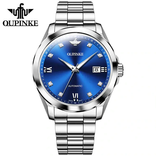 OUPINKE 3199 Men's Luxury Automatic Mechanical Swiss Movement Luminous Watch - Silver Blue Face