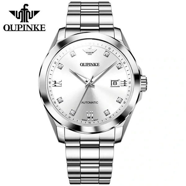 OUPINKE 3199 Men's Luxury Automatic Mechanical Swiss Movement Luminous Watch - Silver White Face
