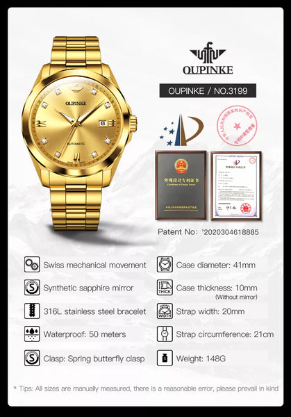 OUPINKE 3199 Men's Luxury Automatic Mechanical Swiss Movement Luminous Watch - Specifications