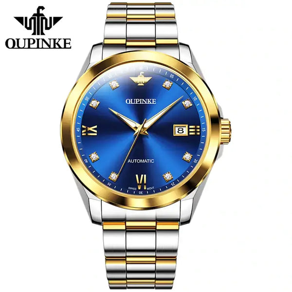OUPINKE 3199 Men's Luxury Automatic Mechanical Swiss Movement Luminous Watch - Two Tone Blue Face