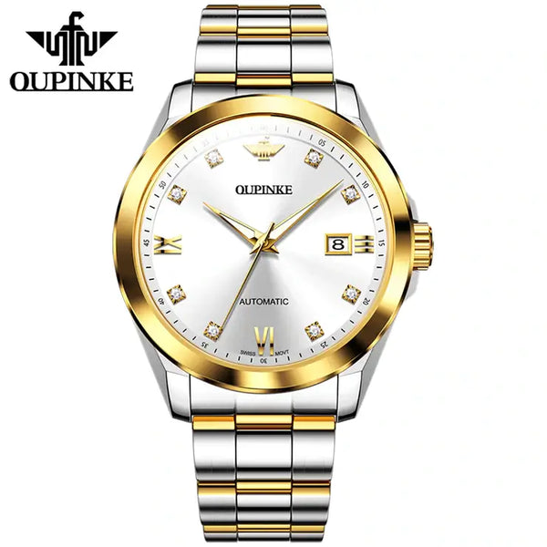 OUPINKE 3199 Men's Luxury Automatic Mechanical Swiss Movement Luminous Watch - Two Tone White Face