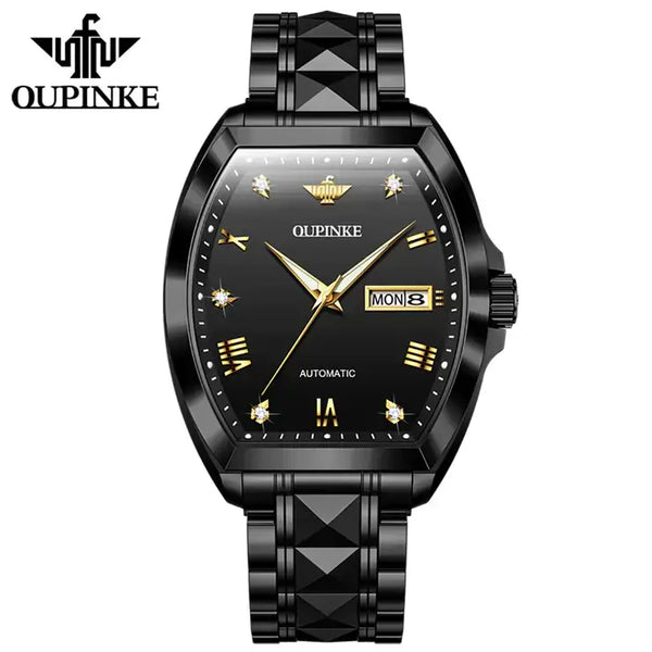OUPINKE 3200 Men's Luxury Automatic Mechanical Tonneau Shaped Luminous Watch - Full Black