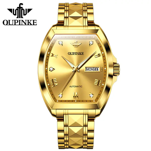 OUPINKE 3200 Men's Luxury Automatic Mechanical Tonneau Shaped Luminous Watch - Full Gold