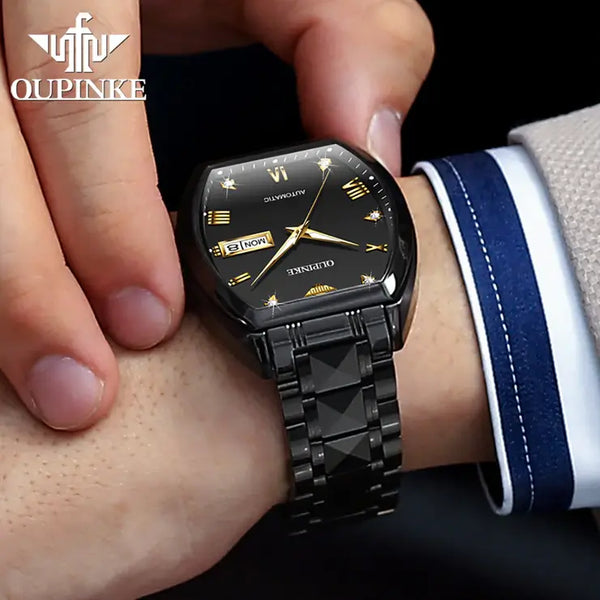 OUPINKE 3200 Men's Luxury Automatic Mechanical Tonneau Shaped Luminous Watch - Model Picture Full Black