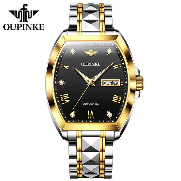 OUPINKE 3200 Men's Luxury Automatic Mechanical Tonneau Shaped Luminous Watch - Two Tone Black