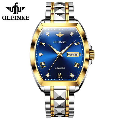 OUPINKE 3200 Men's Luxury Automatic Mechanical Tonneau Shaped Luminous Watch - Two Tone Blue