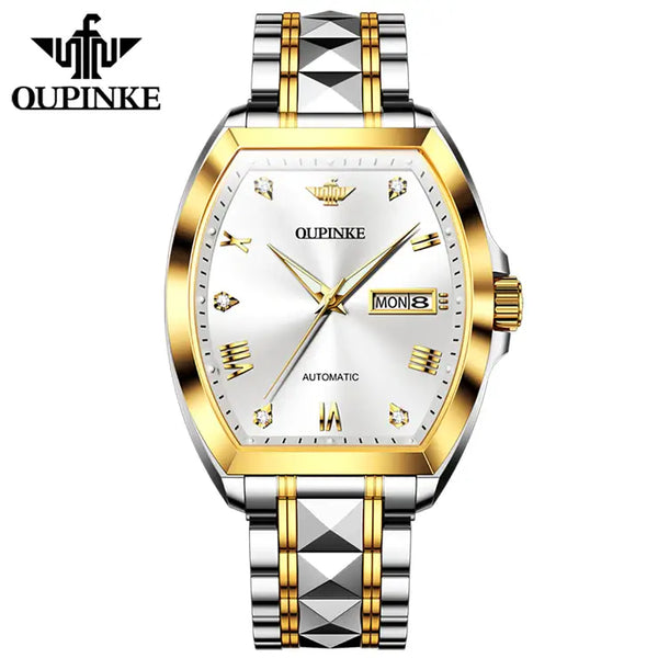OUPINKE 3200 Men's Luxury Automatic Mechanical Tonneau Shaped Luminous Watch - Two Tone White