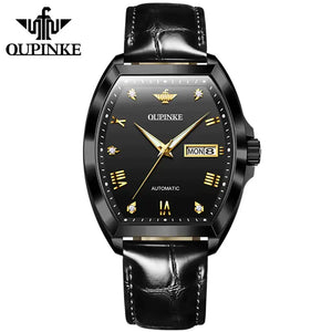 OUPINKE 3200 Men's Luxury Automatic Mechanical Tonneau Shaped Luminous Watch - Full Black Black Leather Strap