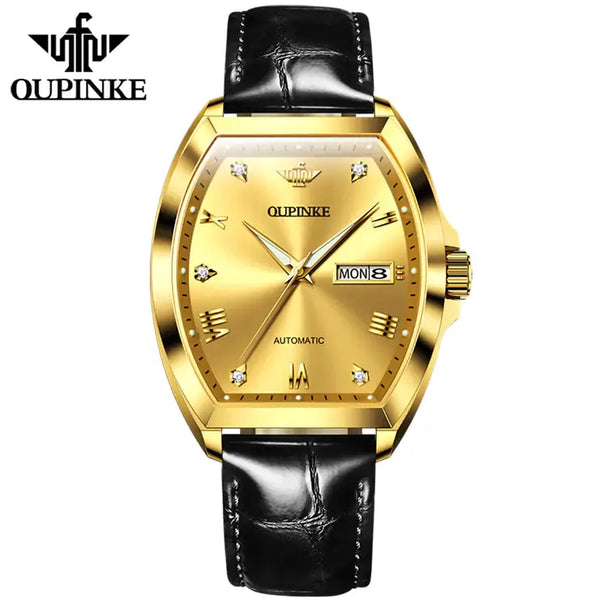 OUPINKE 3200 Men's Luxury Automatic Mechanical Tonneau Shaped Luminous Watch - Full Gold Black Leather Strap
