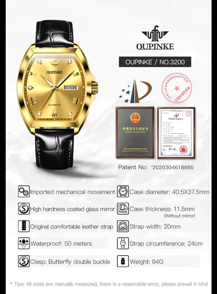 OUPINKE 3200 Men's Luxury Automatic Mechanical Tonneau Shaped Luminous Watch - Specifications