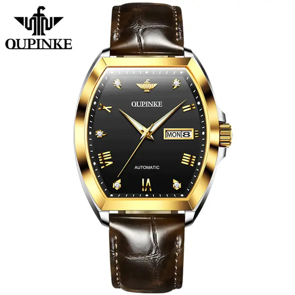 OUPINKE 3200 Men's Luxury Automatic Mechanical Tonneau Shaped Luminous Watch - Two Tone Black Face Brown Leather Strap