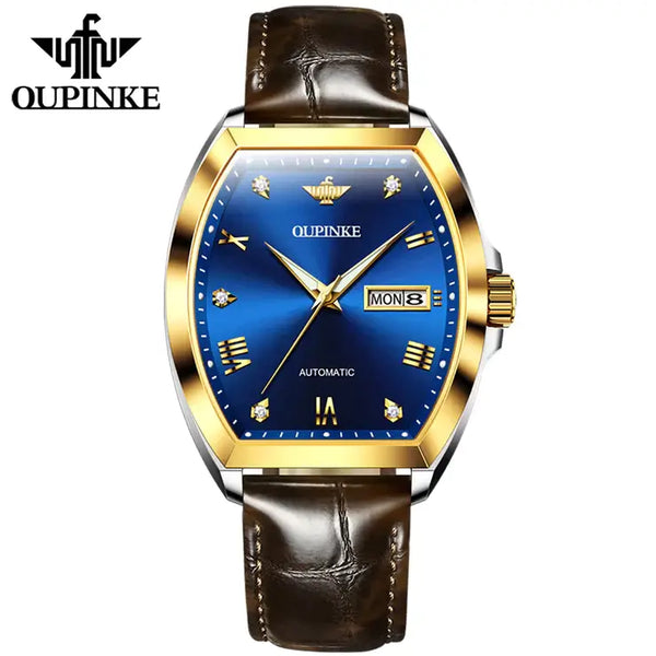 OUPINKE 3200 Men's Luxury Automatic Mechanical Tonneau Shaped Luminous Watch - Two Tone Blue Face Brown Leather Strap