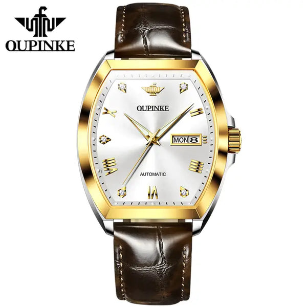 OUPINKE 3200 Men's Luxury Automatic Mechanical Tonneau Shaped Luminous Watch - Two Tone White Face Brown Leather Strap