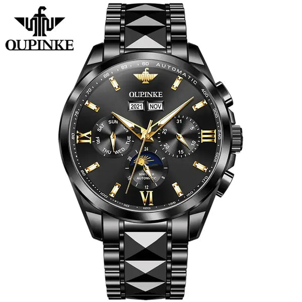 OUPINKE 3201 Men's Luxury Automatic Mechanical Complete Calendar Moon Phase Watch - Full Black