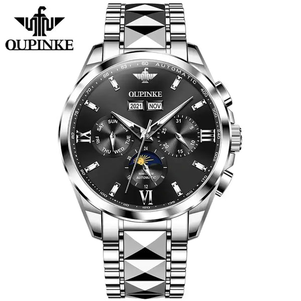 OUPINKE 3201 Men's Luxury Automatic Mechanical Complete Calendar Moon Phase Watch - Silver Black