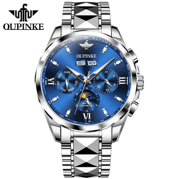 OUPINKE 3201 Men's Luxury Automatic Mechanical Complete Calendar Moon Phase Watch - Silver Blue