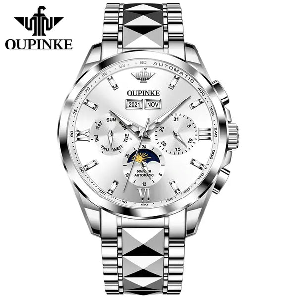 OUPINKE 3201 Men's Luxury Automatic Mechanical Complete Calendar Moon Phase Watch - Silver White