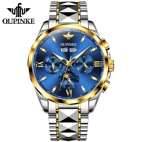 OUPINKE 3201 Men's Luxury Automatic Mechanical Complete Calendar Moon Phase Watch - Two Tone Blue