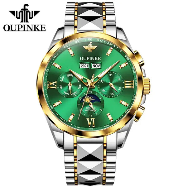 OUPINKE 3201 Men's Luxury Automatic Mechanical Complete Calendar Moon Phase Watch - Two Tone Green