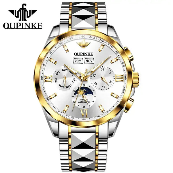 OUPINKE 3201 Men's Luxury Automatic Mechanical Complete Calendar Moon Phase Watch - Two Tone White