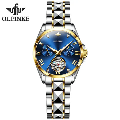 OUPINKE 3202 Women's Luxury Automatic Mechanical Luminous Moon Phase Watch - Two Tone Blue Face