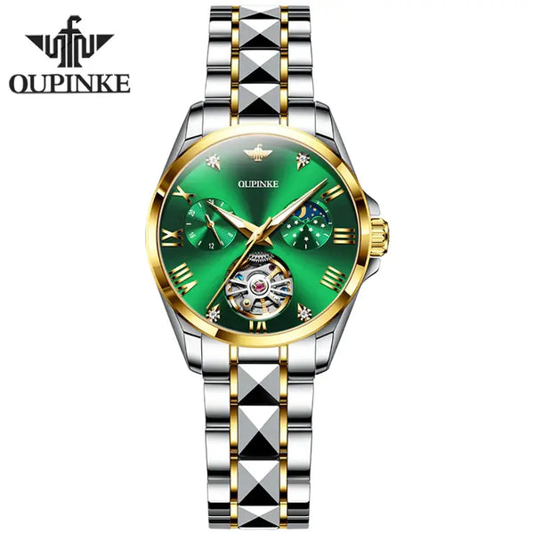 OUPINKE 3202 Women's Luxury Automatic Mechanical Luminous Moon Phase Watch - Two Tone Green Face