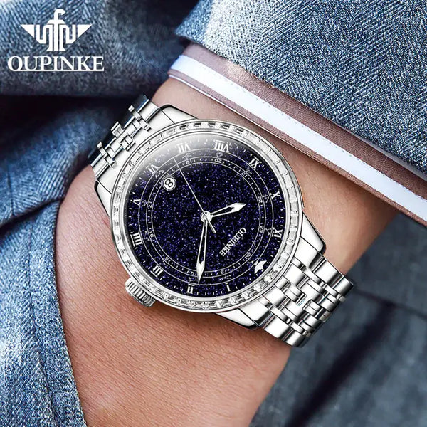 OUPINKE 3203 Men's Luxury Automatic Mechanical Starry Sky Design Luminous Watch - Model Picture Silver Diamonds