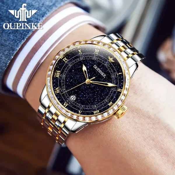 OUPINKE 3203 Men's Luxury Automatic Mechanical Starry Sky Design Luminous Watch - Model Picture Two Tone Diamonds