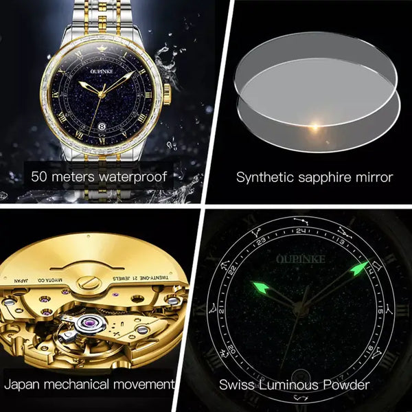 OUPINKE 3203 Men's Luxury Automatic Mechanical Starry Sky Design Luminous Watch - Multiple Features