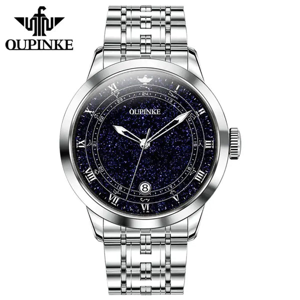 OUPINKE 3203 Men's Luxury Automatic Mechanical Starry Sky Design Luminous Watch - Silver 