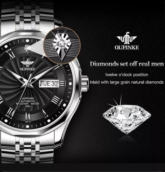 OUPINKE 3207 Men's Luxury Automatic Mechanical Luminous Watch - Inlaid Diamond