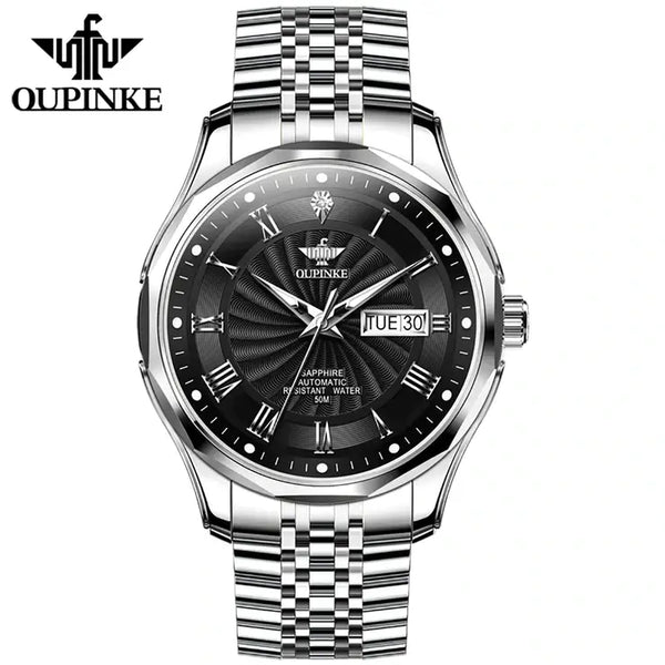 OUPINKE 3207 Men's Luxury Automatic Mechanical Luminous Watch - Silver Black Face