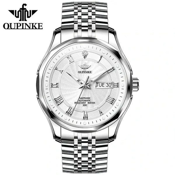 OUPINKE 3207 Men's Luxury Automatic Mechanical Luminous Watch - Silver White Face