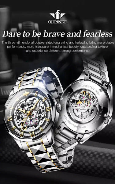 OUPINKE 3209 Men's Luxury Automatic Mechanical Skeleton Design Luminous Watch - Double Hollow Design