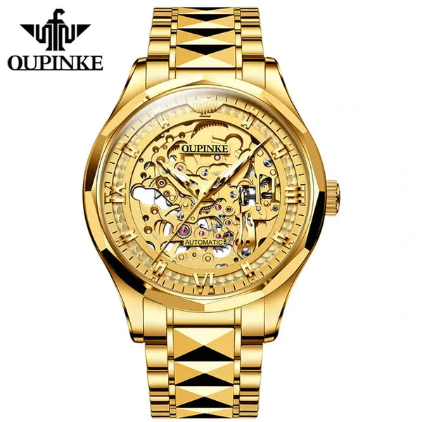 OUPINKE 3209 Men's Luxury Automatic Mechanical Skeleton Design Luminous Watch - Full Gold