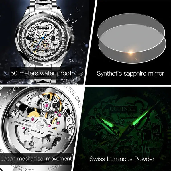 OUPINKE 3209 Men's Luxury Automatic Mechanical Skeleton Design Luminous Watch - Multiple Features