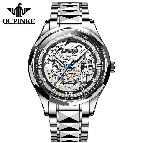 OUPINKE 3209 Men's Luxury Automatic Mechanical Skeleton Design Luminous Watch - Silver Black