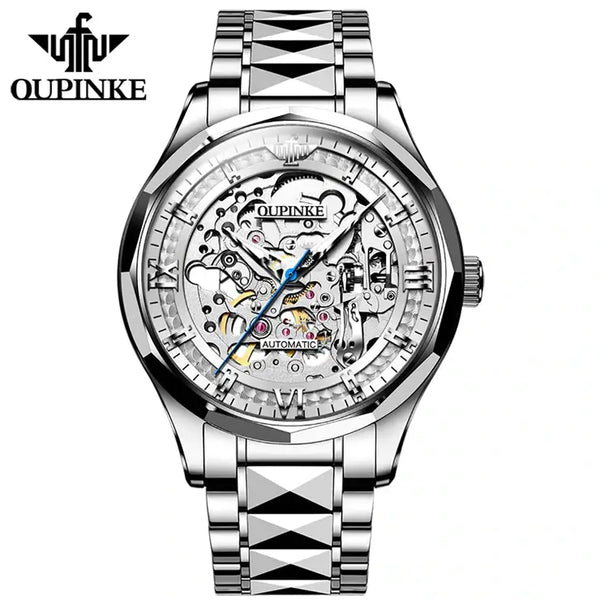 OUPINKE 3209 Men's Luxury Automatic Mechanical Skeleton Design Luminous Watch - Silver White