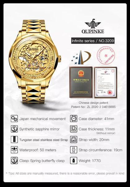 OUPINKE 3209 Men's Luxury Automatic Mechanical Skeleton Design Luminous Watch - Specifications