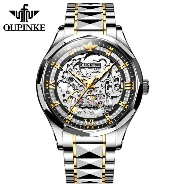 OUPINKE 3209 Men's Luxury Automatic Mechanical Skeleton Design Luminous Watch - Two Tone Black